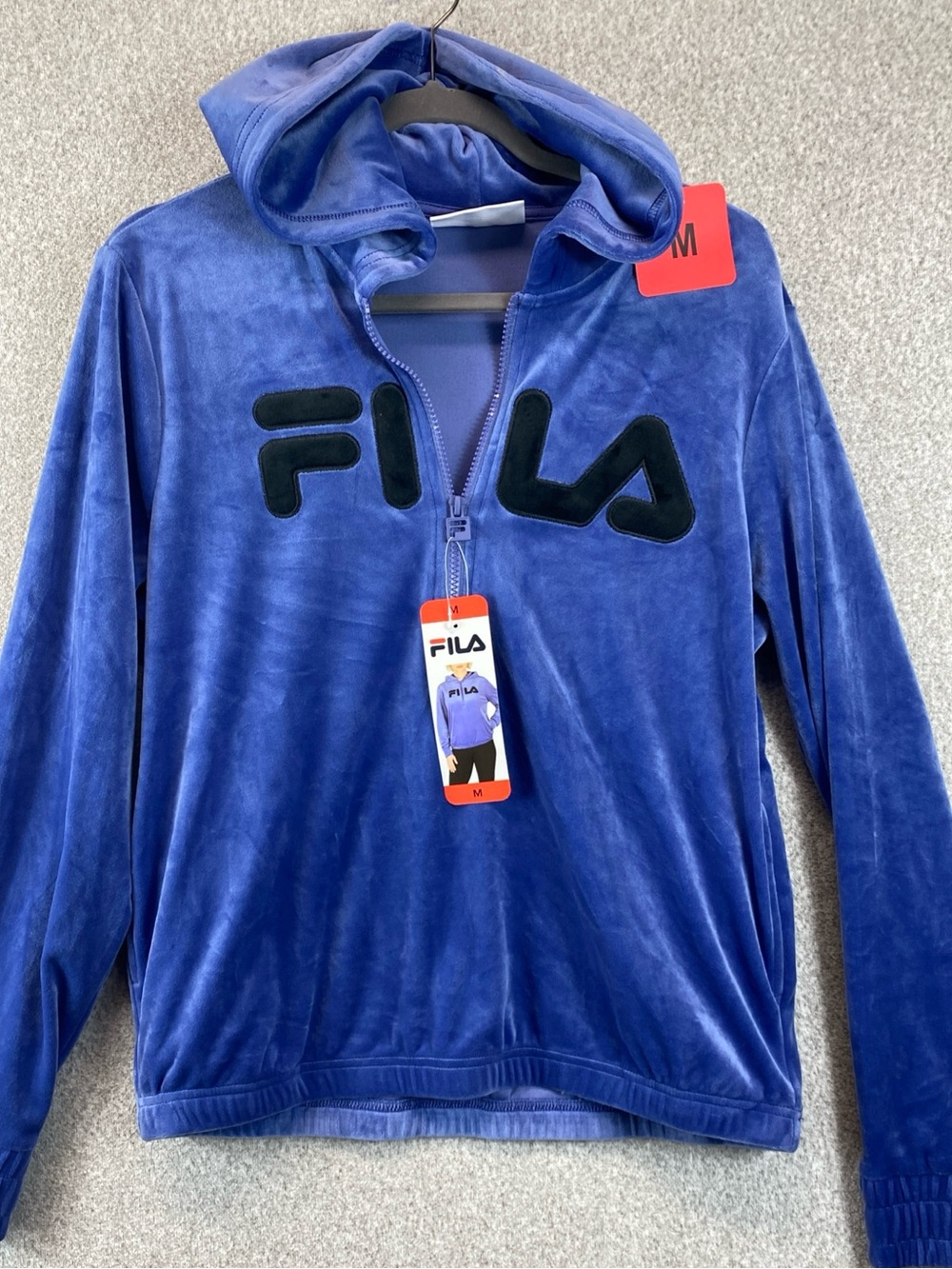 FILA Velour Quarter Zip Womens Jacket M Hoodie Logo Track Zipper Spell Out